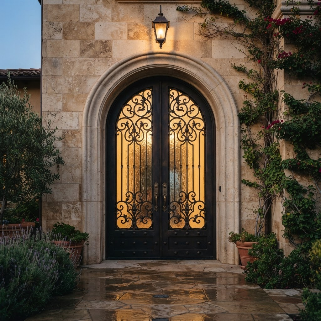 Grand double wrought iron entry door on a Mediterranean limestone villa at dusk